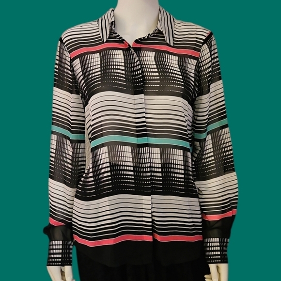 VTG LIZ CLAIBORNE 1990s Striped Chiffon Semi-Sheer Button Down Shirt Medium - Picture 1 of 8